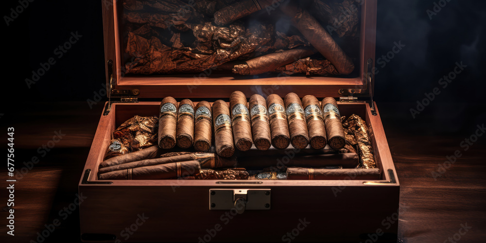 Wooden box open to reveal cigars and rolling materials Wooden box open to reveal cigars and rolling materials