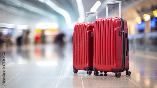 Red baggage of traveler tourist at floor in blurred airport terminal interior. Travel summer vacation concept.