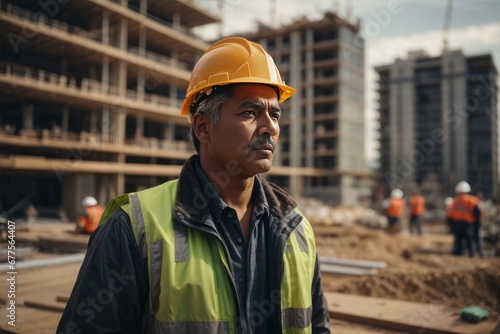 Portrait of a handsome adult male builder, contractor wearing a blue helmet on the background of an object under construction with workers