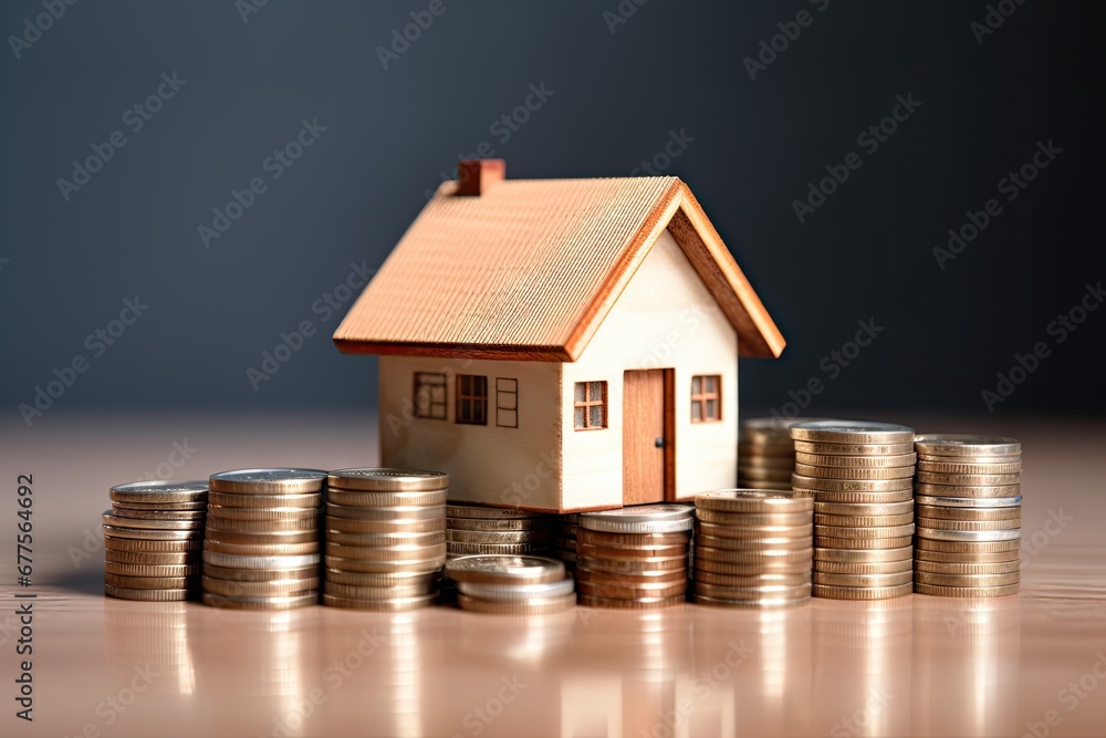 Small model house with coins, buy and sell house concept by Generative AI Small model house with coins, buy and sell house concept by Generative AI