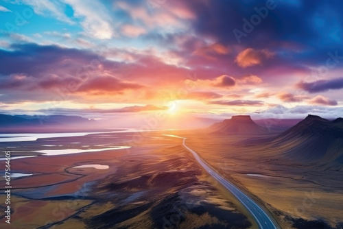 Scenic road in Iceland, beautiful nature landscape aerial panorama, mountains and coast at sunset, nordic