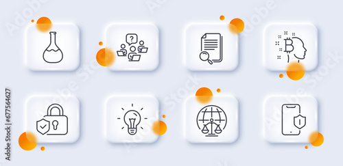 Smartphone protection, Teamwork question and Search file line icons pack. 3d glass buttons with blurred circles. Idea, Bitcoin think, Chemistry lab web icon. Vector