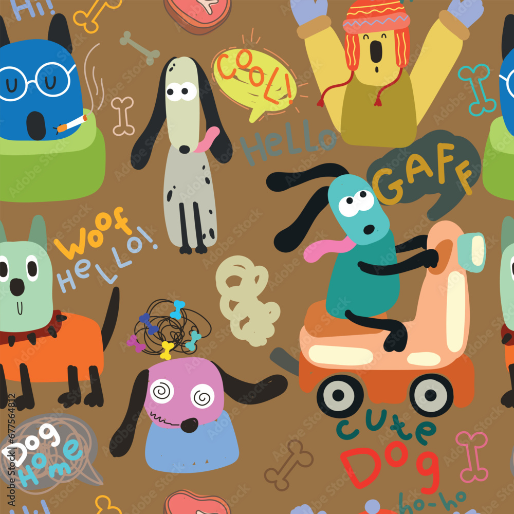Fototapeta premium Seamless pattern with cool dogs, doodle.Kids pattern on brown background. Vector illustration.