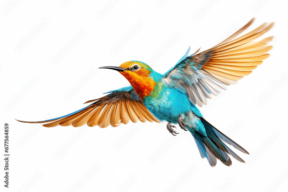Vibrant Tropical Bird Soaring in Flight against a Clean White Background, Showcasing the Exotic Beauty of Nature with Stunning Plumage and Dynamic Elegance in a Seamless and Striking Composition