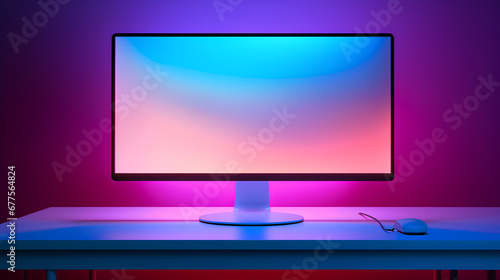 Modern monitor on elegant table, RGB lights coming out from behind the monitor © Usman