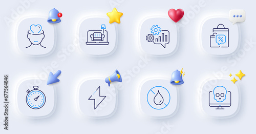 Timer, Energy and Furniture line icons. Buttons with 3d bell, chat speech, cursor. Pack of Sale bags, Cyber attack, No waterproof icon. Mental health, Cogwheel pictogram. For web app, printing. Vector