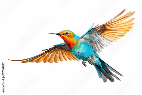 Vibrant Tropical Bird Soaring in Flight against a Clean White Background, Showcasing the Exotic Beauty of Nature with Stunning Plumage and Dynamic Elegance in a Seamless and Striking Composition