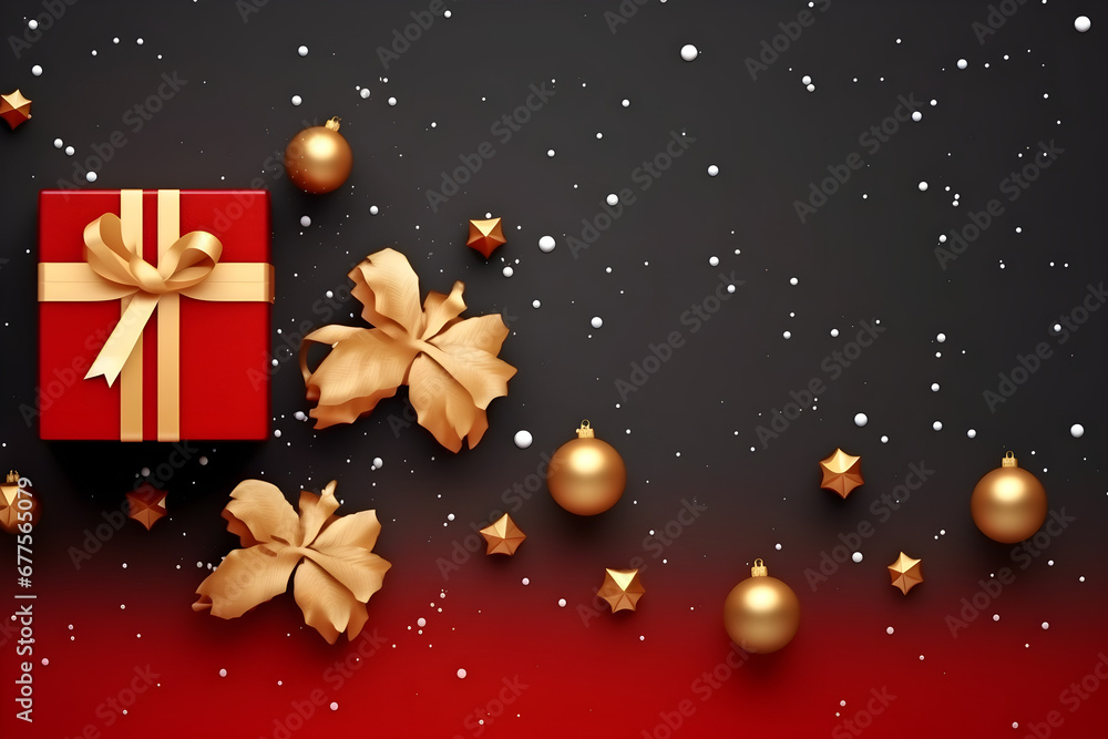 Christmas postcard with red gift present and golden toys Christmas postcard with red gift present and golden toys