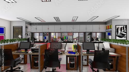 Interior photography of corporate office commercial equipment in a modern minimalist design in white and gray. 3d Rendering