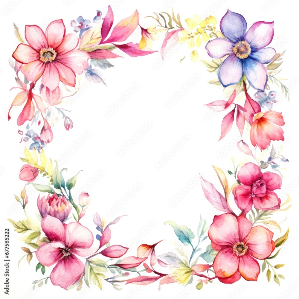 frame of watercolor flowers and leaves on white background.