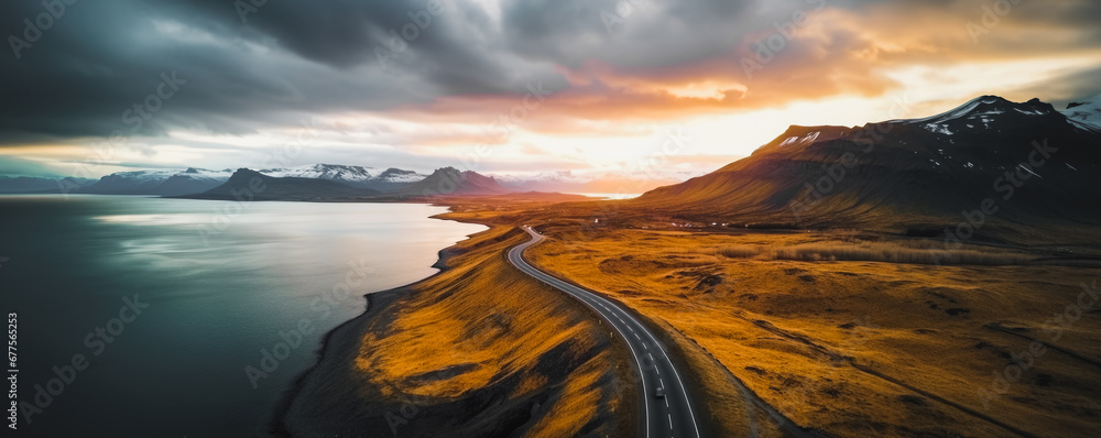 Scenic road in Iceland, beautiful nature landscape aerial panorama, mountains and coast at sunset, nordic - obrazy, fototapety, plakaty 