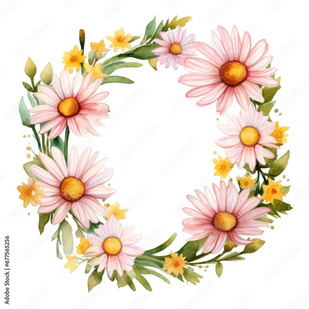 Circle frame of watercolor daisy flowers and leaves on white background.