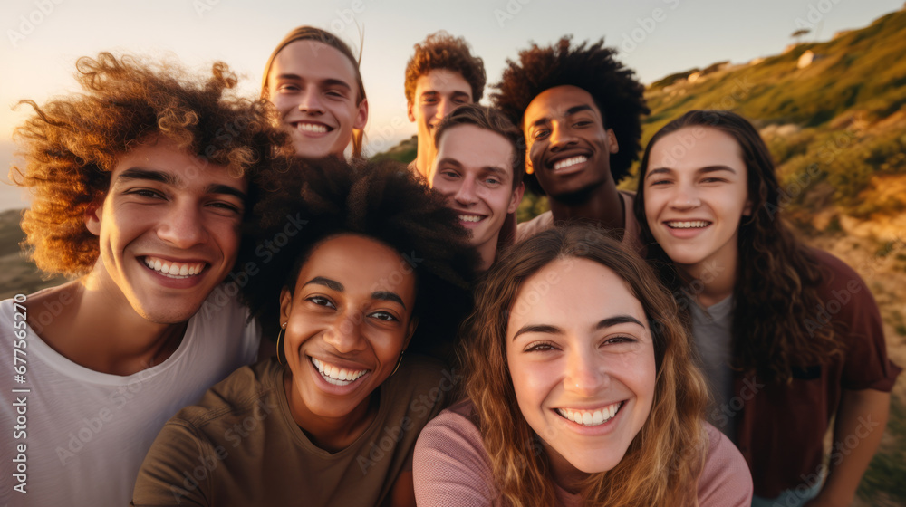 Group of young friends from different races and ethnicities who promote racial diversity and reject any form of discrimination Group of young friends from different races and ethnicities who promote racial diversity and reject any form of discrimination