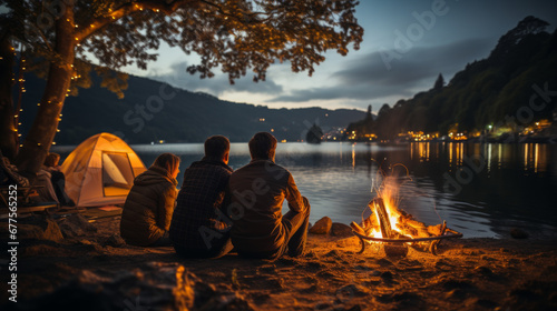 Caucasian family camping in a forest next to a lake at night with tent and campfire photo