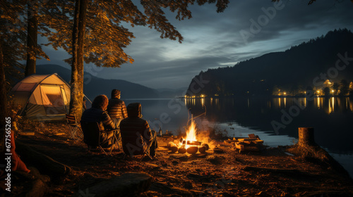 Caucasian family camping in a forest next to a lake at night with tent and campfire