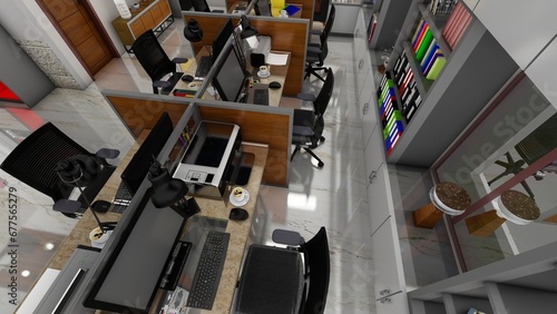 An elevated view of staff working in a busy open office. 3D Rendering