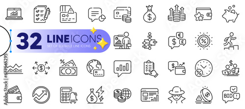 Outline set of Web report, Loyalty program and Inflation line icons for web with Statistic, Online statistics, Budget accounting thin icon. Money tax, Survey checklist, Wallet pictogram icon. Vector