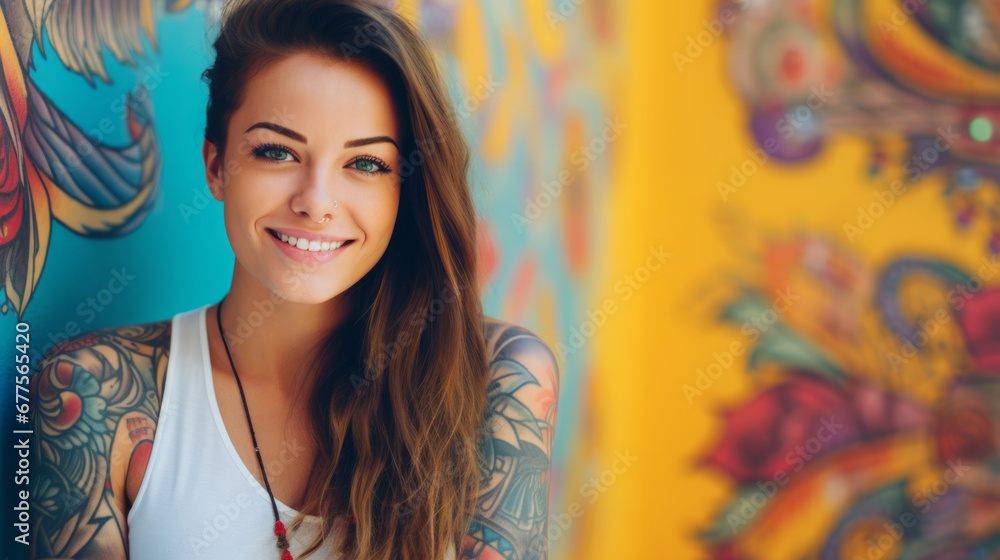 Portrait of a young caucasian tattooed happy woman on colorful background