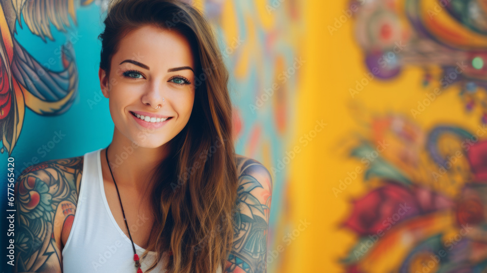 Fototapeta premium Portrait of a young caucasian tattooed happy woman on colorful background