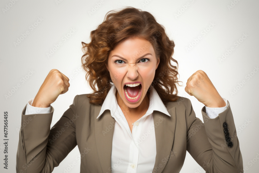 Portrait of a woman who is a powerful caucasian businesswoman doing power or success gesture