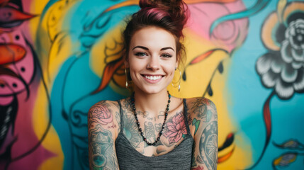 Portrait of a young caucasian tattooed happy woman on colorful background