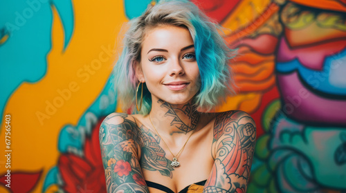 Portrait of a young caucasian tattooed happy woman on colorful background © Keitma