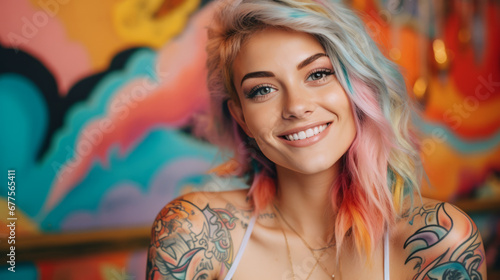 Portrait of a young caucasian tattooed happy woman on colorful background