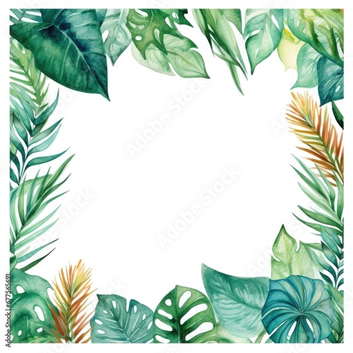 square frame of watercolor tropical green leaves on white background