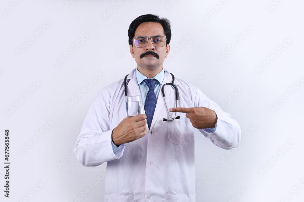 Indian confident Doctor holding a health drink in hand and suggesting to drink fresh and healthy. The doctor standing in a white background, glass of milk. Indian confident Doctor holding a health drink in hand and suggesting to drink fresh and healthy. The doctor standing in a white background, glass of milk.