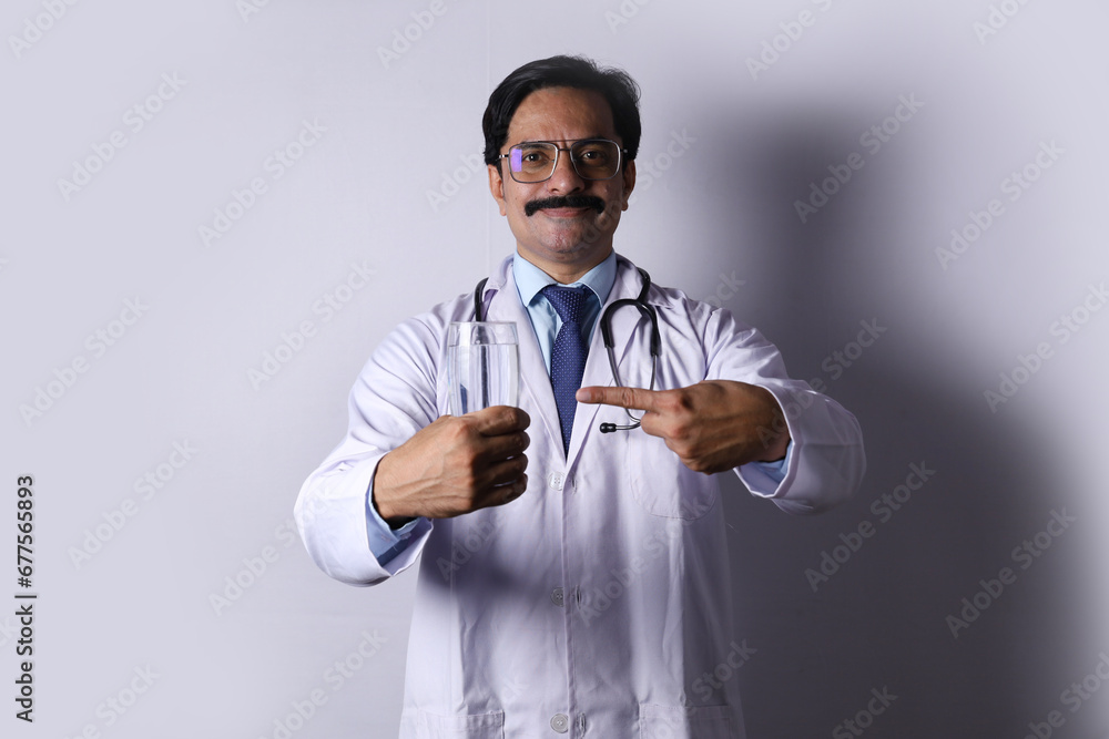 Indian confident Doctor holding a health drink in hand and suggesting to drink fresh and healthy. The doctor standing in a white background, glass of milk. Indian confident Doctor holding a health drink in hand and suggesting to drink fresh and healthy. The doctor standing in a white background, glass of milk.