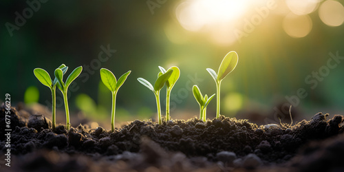 Growing Growth Image Young trees are growing on the soil in nature evening Seedlings sprout from the ground nature and life concept with sun light on the green blur background Ai Generative