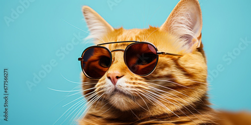 Sunglasses Fashion: Closeup of Ginger Cat on Light Cyan