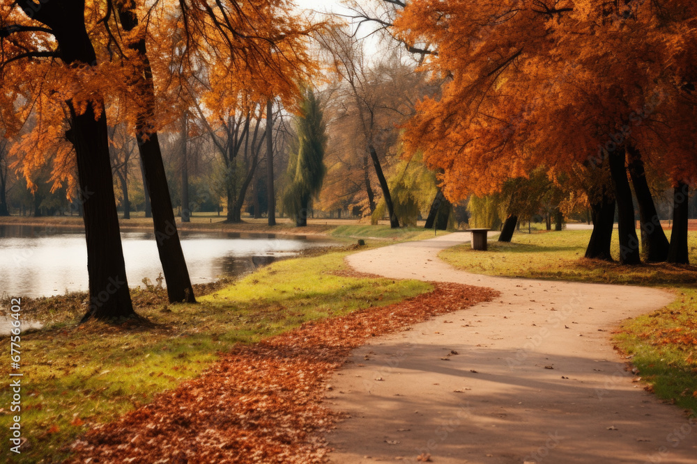 Path in the autumn park. Autumn Landscape. Generative Ai