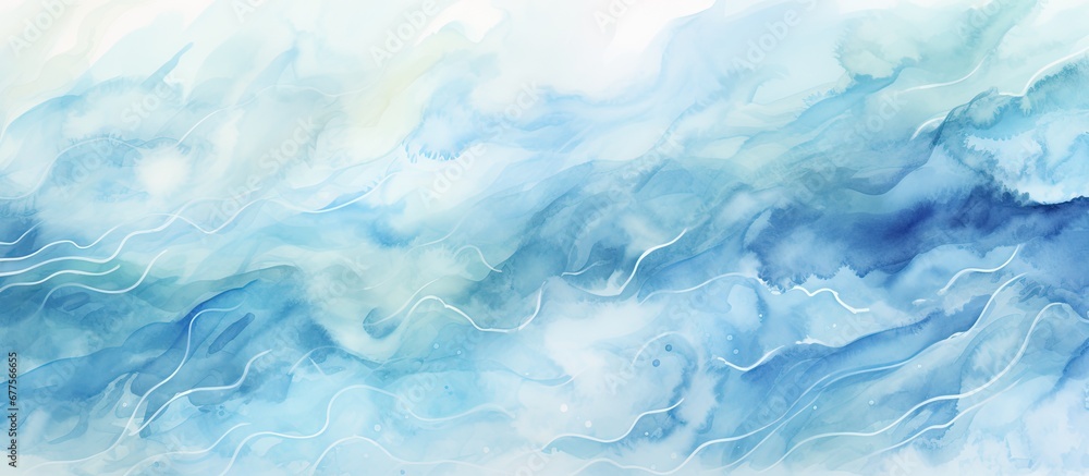 The abstract watercolor illustration on the white paper background depicts a mesmerizing pattern of textures with a beautiful design that seamlessly blends the elements of water and sky cre