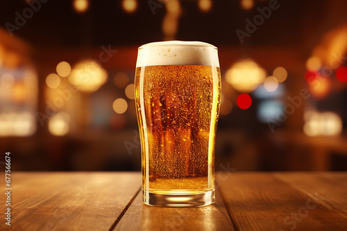Glass of beer with foam on bar background with space for text photo