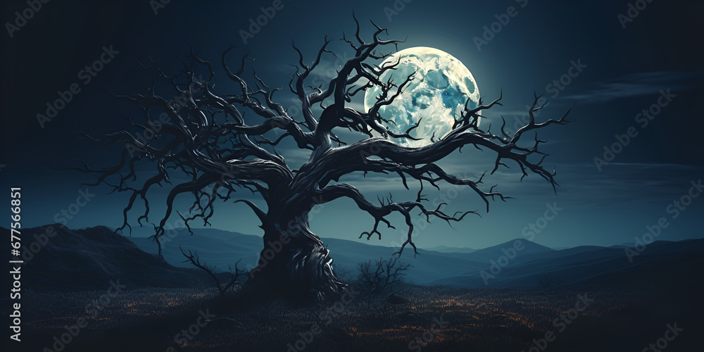 Dark Tree Wallpaper Image Blue Universe Stock background with moon againts scary tree scary Halloween tree with horror face on dark foggy toned background with moon on back side Ai Generative