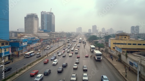 Lagos Island, Lagos, Nigeria - 20.11.2021: Cityscape of High-Rise Buildings in Downtown Lagos Island, Capturing the Urban Pulse with Cars on the Road.





