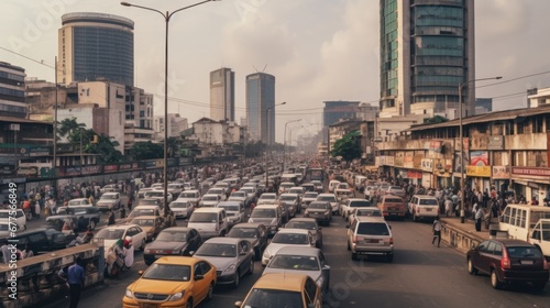 Lagos Island, Lagos, Nigeria - 20.11.2021: Cityscape of High-Rise Buildings in Downtown Lagos Island, Capturing the Urban Pulse with Cars on the Road.