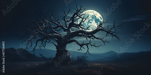 Dark Tree Wallpaper Image Blue Universe Stock background with moon againts scary tree scary Halloween tree with horror face on dark foggy toned background with moon on back side Ai Generative