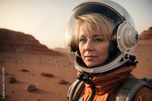 Close-up Portrait of a beautiful adult blonde cosmonaut woman wearing an orange spacesuit against the background of the Mars or other planet. © liliyabatyrova