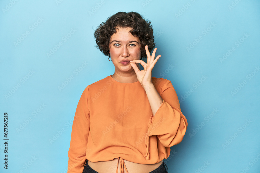 Young Caucasian woman with short hair with fingers on lips keeping a secret. Young Caucasian woman with short hair with fingers on lips keeping a secret.