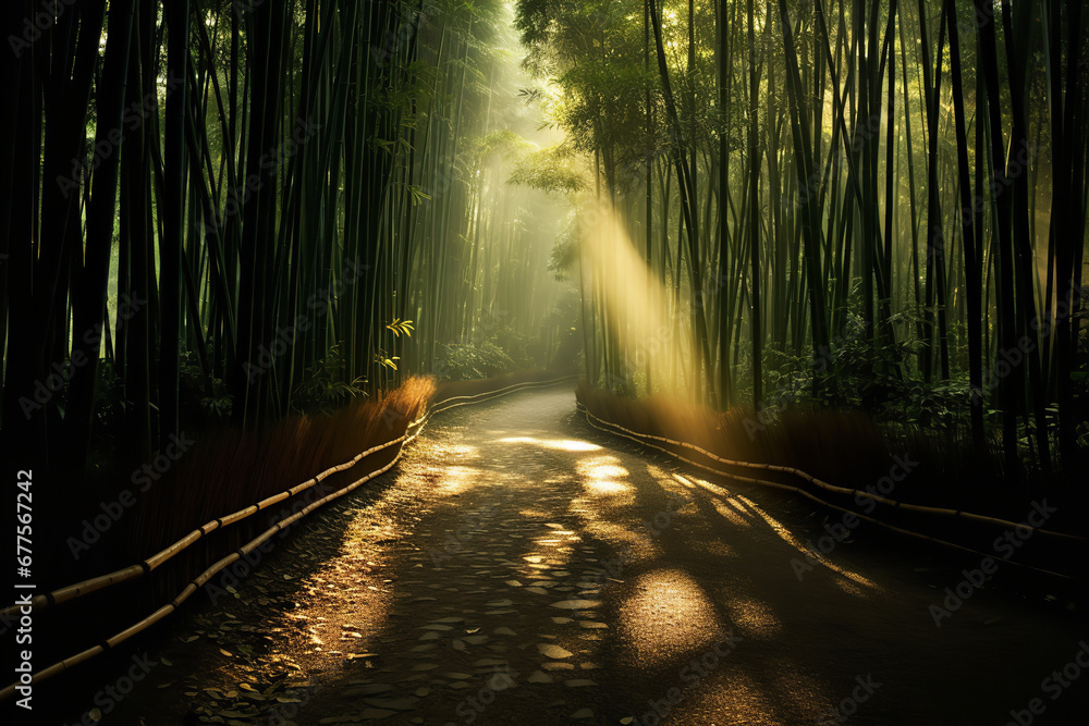 A winding path through a dense bamboo forest is gently illuminated by dappled sunlight, creating a Zen-like atmosphere of peace