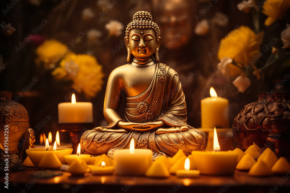 A golden Buddha statue sits serenely, surrounded by flickering candles and wisps of incense smoke, inviting contemplation - obrazy, fototapety, plakaty 