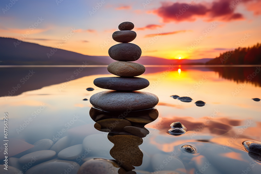 A delicate stack of balanced stones stands on the shore of a tranquil lake, the soft hues of the setting sun reflecting off the water's surface