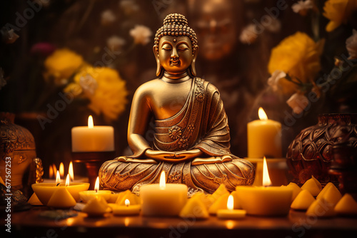 A golden Buddha statue sits serenely, surrounded by flickering candles and wisps of incense smoke, inviting contemplation photo