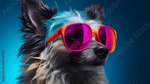 Fictional Fun: Dog-Wearing Vibrant Cooling Glasses Against a Colorful Backdrop © Rukma
