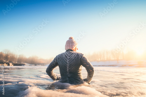 Senior citizen swims in ice-cold water, ice bathing, cold therapy, immune system photo