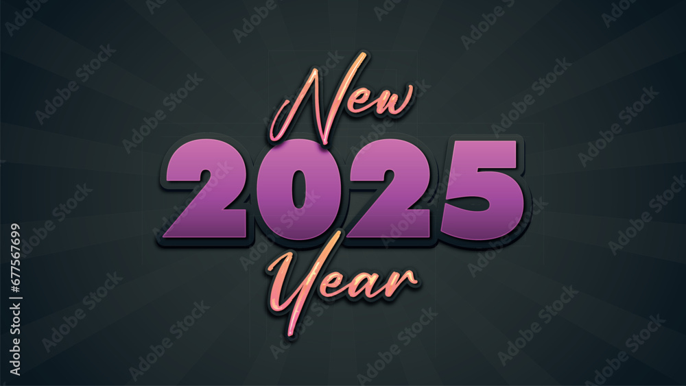 2025 New Year vector illustration, bright on dark blue background, text Happy New Year. Flat style abstract, geometric design. Concept for holiday decor, card, poster, banner, flyer