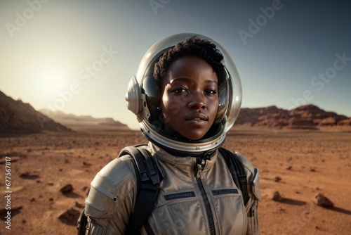 Beautiful African American astronaut woman wearing a spacesuit on the planet Mars © liliyabatyrova