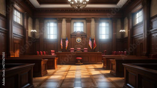 American courtroom. justice and law. chairs and judge table